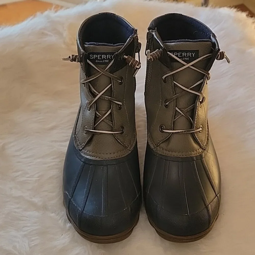 SPERRY Saltwater Blue Gray Lace Up Side Zip Preppy Waterproof Rain Duck Boots‎ 7